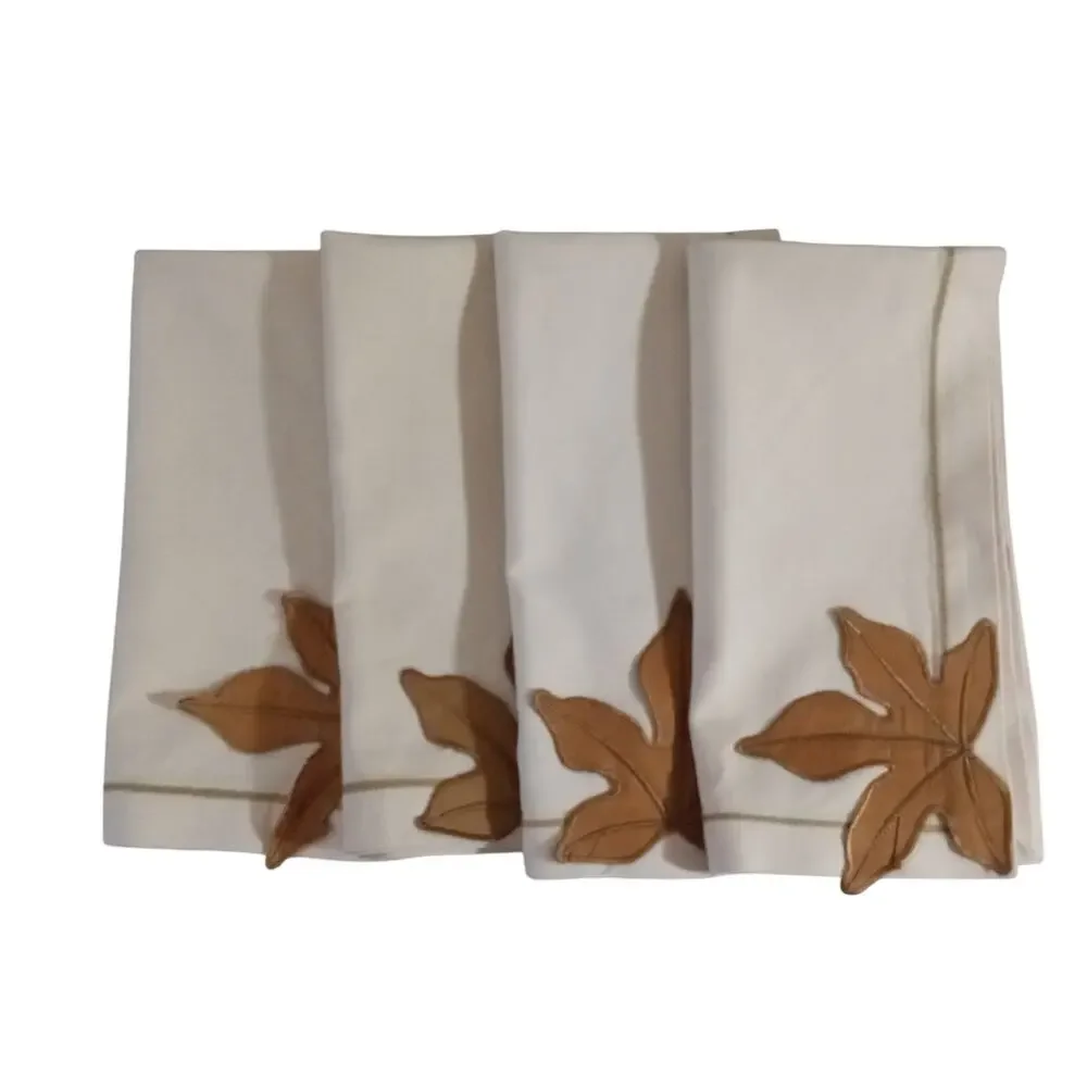 Williams Sonoma Leaf Applique Dinner Napkins Cotton Cream Autumn Fall